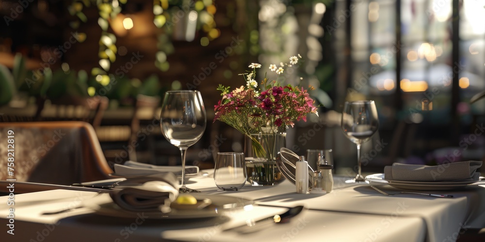 Poster elegant table setting with a vase of flowers and wine glasses, perfect for romantic occasions