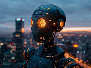 A robot with glowing eyes stands in front of a city skyline. The robot is surrounded by a cityscape with tall buildings and lights, creating a futuristic and technological atmosphere - obrazy, fototapety, plakaty