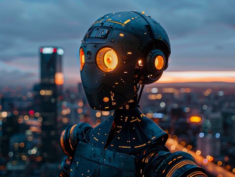 A robot with glowing eyes stands in front of a city skyline. The robot is surrounded by a cityscape with tall buildings and lights, creating a futuristic and technological atmosphere