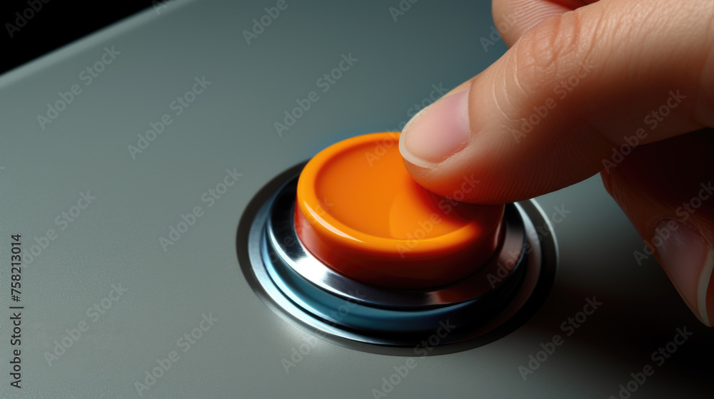 Poster Close up of a person pressing a button. Suitable for technology and business concepts