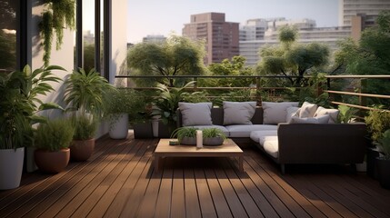 Modern terrace with wood deck flooring and fence.

