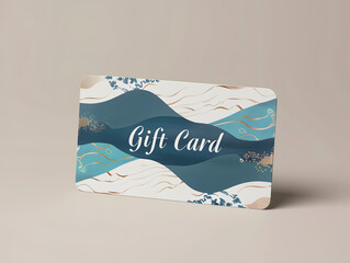Elegant gift card with blue wave pattern and floral design on a neutral background. Gift voucher template for branding and marketing