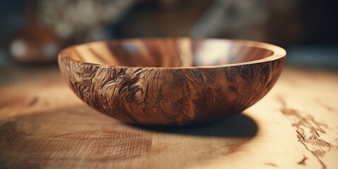 A wooden bowl sitting on top of a wooden table. Perfect for kitchen or food-related designs