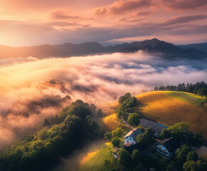 Aerial view of alpine meadows and mountains in low clouds at golden sunrise in summer. Top drone view of hills with green grass, trees in fog, house, colorful sky in Slovenia. Nature. Mountain valley - 758213093