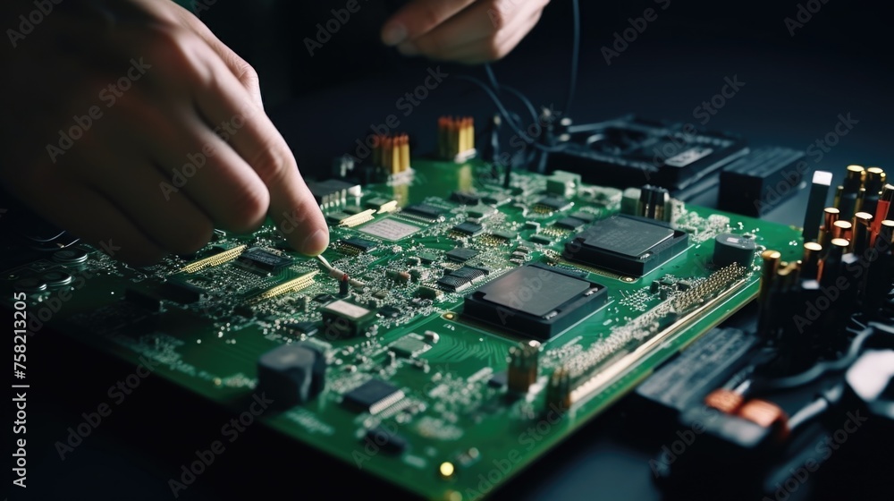 Poster Close up of a person working on a circuit board. Suitable for technology and engineering concepts