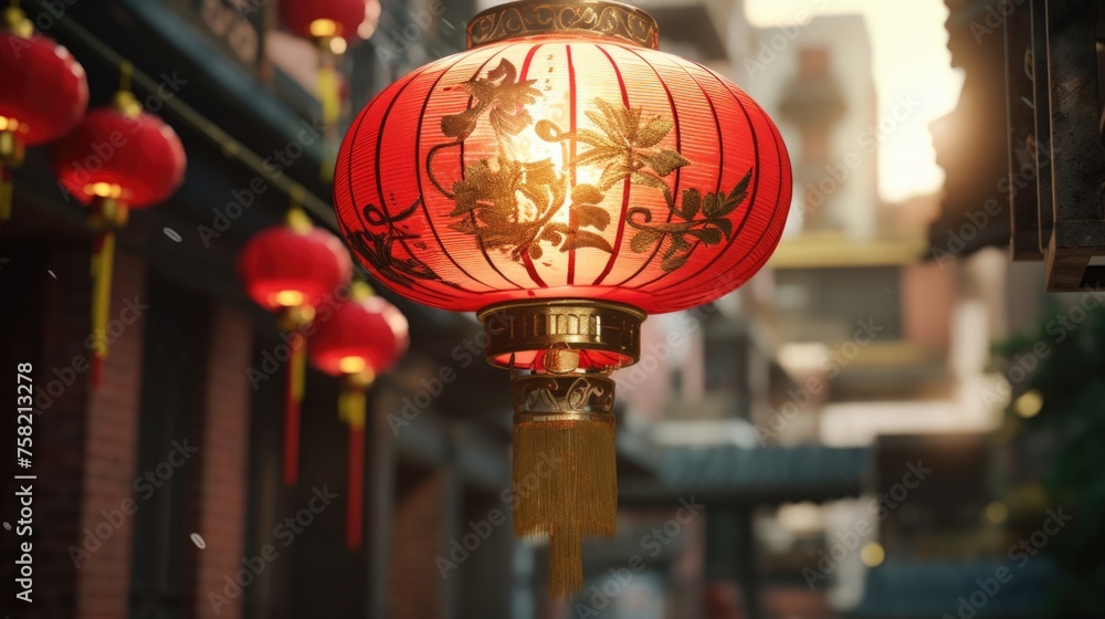 Poster a red lantern hanging from the side of a building, suitable for urban and architectural themes