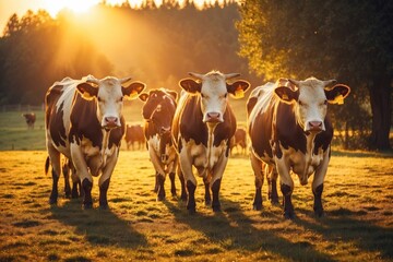 Cows herd on a grass field during the summer at sunset. A cow is looking at the camera sun rays are piercing behind her horns.