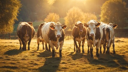 Cows in field in the countryside, one cow looking at the camera at sunset. Front and back