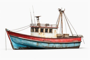 A rusted boat resting on a white surface. Ideal for travel and transportation concepts