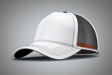 A white baseball cap with a leather patch on the front. Perfect for sports or casual wear