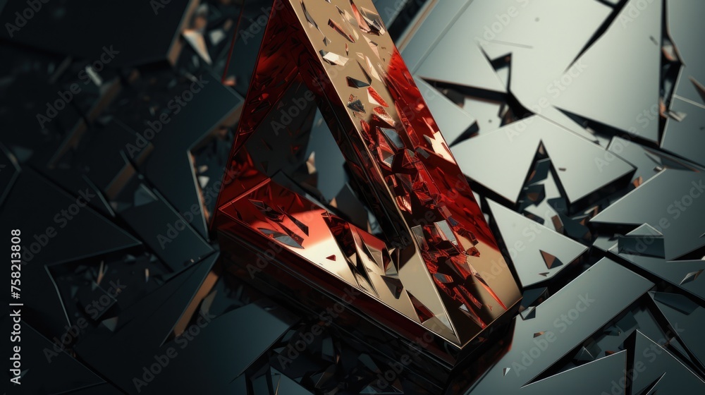 Poster a triangle shaped object surrounded by shattered glass. perfect for concepts of destruction and dang