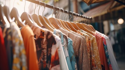 A row of clothes on a rack, suitable for fashion or retail concepts - obrazy, fototapety, plakaty