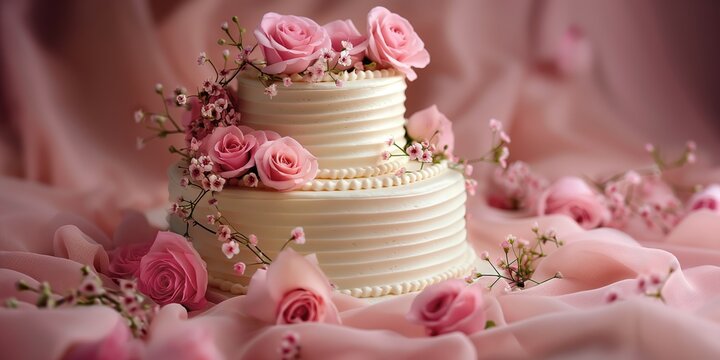 close up wedding cake decorated with pink rose, romantic moment, Generative Ai