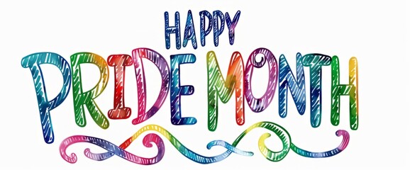 The words "HAPPY PRIDE MONTH" written in rainbow colored cursive font on white background Generative AI