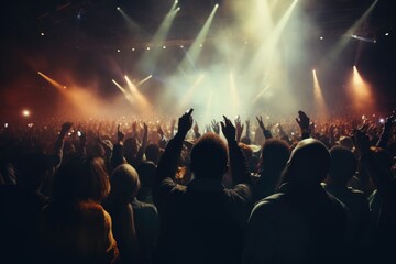 A lively concert crowd with hands in the air. Perfect for music events promotion - obrazy, fototapety, plakaty