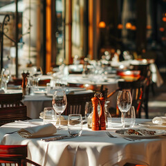 Restaurant with Tables Prepared for Dining generative ai
