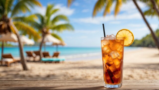 Refreshing long island iced tea cocktail on tropical beach with blurred background and copy space
