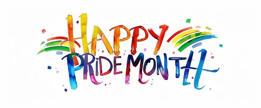 The words "HAPPY PRIDE MONTH" written in rainbow colored cursive, white background, clip art style, simple lines Generative AI