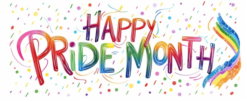 The words "HAPPY PRIDE MONTH" written in rainbow colored cursive font on white background, clip art Generative AI