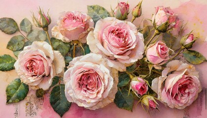 Różowe róże na różowym tle. Kwiatowa retro tapeta, tło, ilustracja - obrazy, fototapety, plakaty