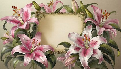 Pink lilies surrounding a frame with a white sheet of paper. Romantic floral background with space for text © Monika
