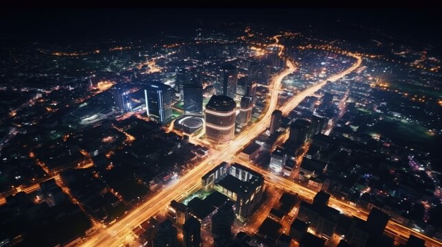 A stunning aerial view of a city at night. Perfect for urban landscape concepts
