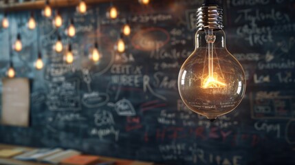 Light bulb hanging in front of chalkboard, perfect for educational presentations - obrazy, fototapety, plakaty