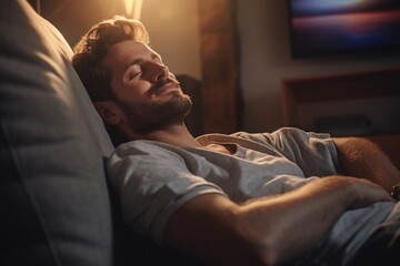 A man laying on a couch with his eyes closed. Suitable for relaxation and leisure concepts - Powered by Adobe