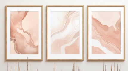 Three framed art pieces hanging on a wall. Suitable for interior design projects