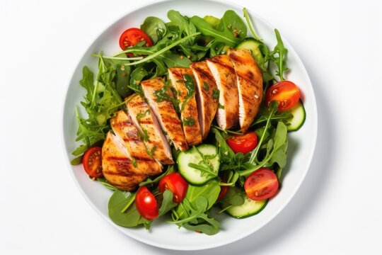 Fresh salad with sliced chicken on a white plate. Perfect for food blogs and healthy lifestyle websites