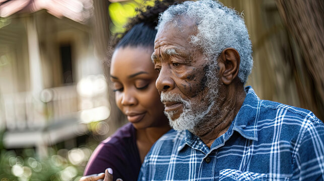 Elderly african american man is accompanied by caring young woman, both engaged in serene moment
