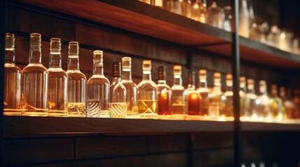 Various bottles of liquor neatly arranged on a shelf. Perfect for bar or restaurant concepts - obrazy, fototapety, plakaty