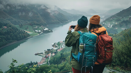 Two friends with backpacks admire a tranquil mountain lake view from a high vantage point as evening falls
