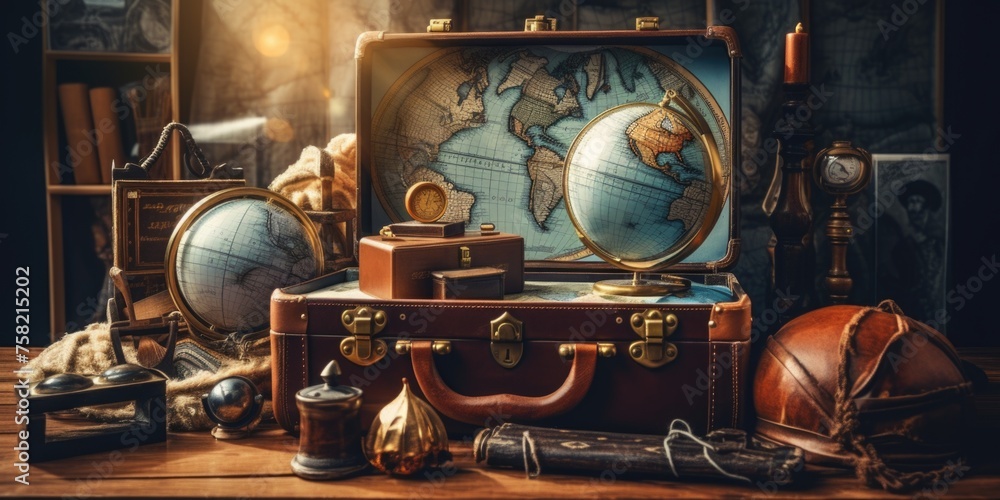 Poster a globe inside a suitcase on a table, ideal for travel concepts