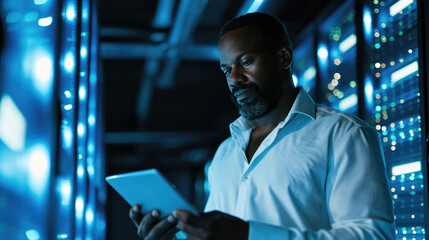 Focused IT professional using a laptop while standing in a server room with racks of network equipment illuminated by blue lights