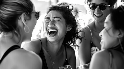 Several women sitting in a circle, sharing jokes and stories, resulting in genuine laughter and smiles - obrazy, fototapety, plakaty