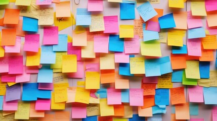 Colorful post it notes hanging on a wall, ideal for office or organization concepts