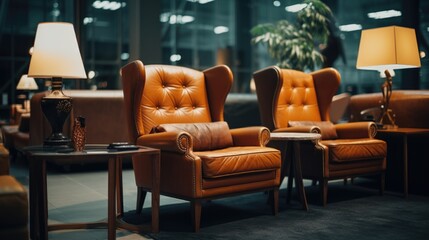 A row of leather chairs, suitable for office or waiting room settings - obrazy, fototapety, plakaty