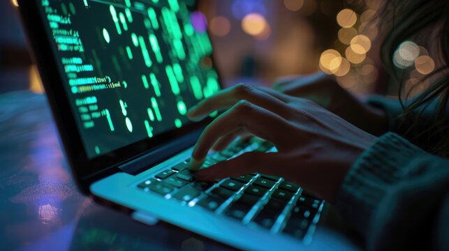 Close-up of a person's hands typing on a laptop keyboard