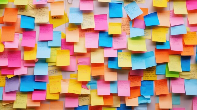 Colorful post it notes hanging on a wall, ideal for office or organization concepts