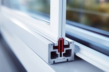 A detailed view of a window with a red handle. Suitable for various design projects