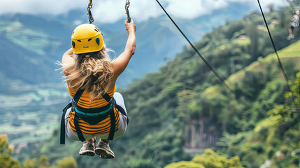 A woman wearing safety gear is zip lining through mountain peaks against a clear sky backdrop