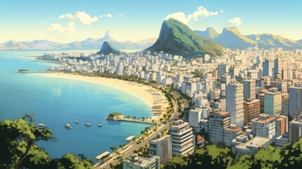 A scenic painting of a city located by the water, perfect for travel brochures or city guides