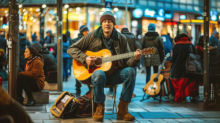 A guitar player performs outdoors, serenading passersby with music in a bustling city at dusk