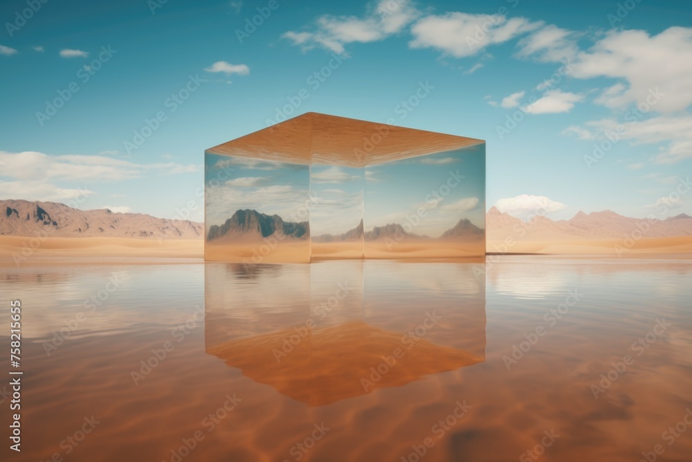 Poster a cube in the middle of a desert with mountains in the background. perfect for futuristic or surreal