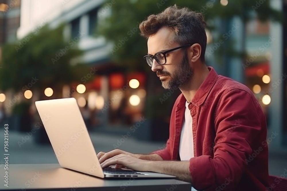 Poster a man sitting at a table using a laptop computer. suitable for business and technology concepts