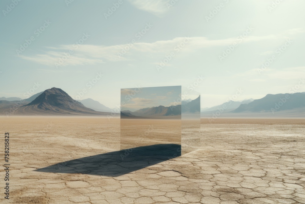 Poster A mirror placed in the middle of a desert with mountains in the background. Suitable for various creative projects