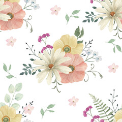 Watercolor seamless pattern with flowers . Hand drawn flortal  illustration on white background - 758215876