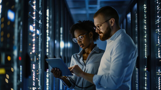 Male and a female IT professional in a data center, with the woman holding a tablet and the man observing, likely collaborating on a task.