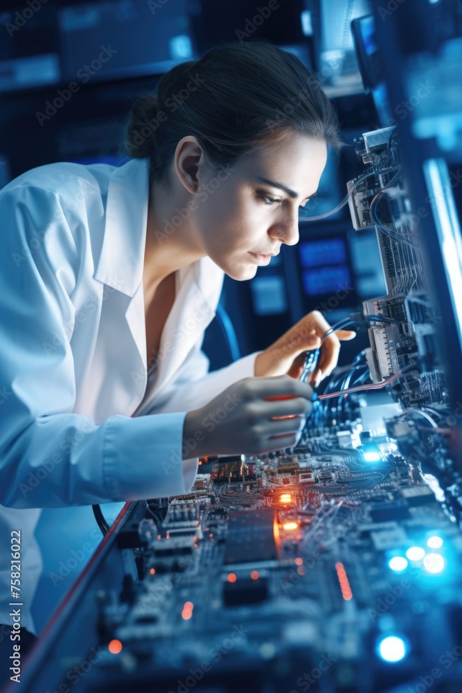 Poster a woman in a lab coat concentrating on her computer work. suitable for science or technology concept